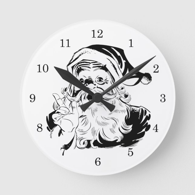 Vintage Christmas, Jolly Santa Claus BLACK Round Clock (Front)
