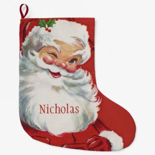 Vintage Christmas, Jolly Santa Claus Winking Large Christmas Stocking