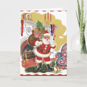 Vintage Christmas, Jolly Santa Claus with Presents Holiday Card