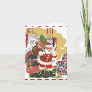 Vintage Christmas, Jolly Santa Claus with Presents Holiday Card
