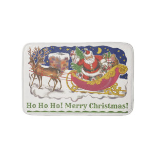 Vintage Christmas, Jolly Santa Claus with Sleigh Bath Mat