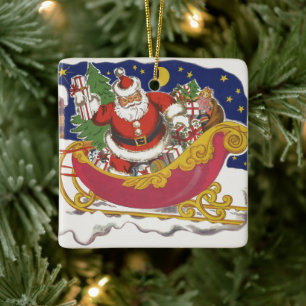 Vintage Christmas, Jolly Santa Claus with Sleigh Ceramic Ornament