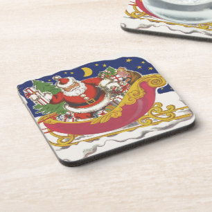 Vintage Christmas, Jolly Santa Claus with Sleigh Coaster