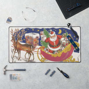 Vintage Christmas, Jolly Santa Claus with Sleigh Desk Mat