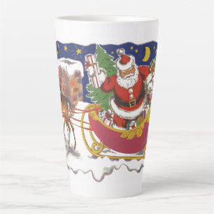 Vintage Christmas, Jolly Santa Claus with Sleigh Latte Mug