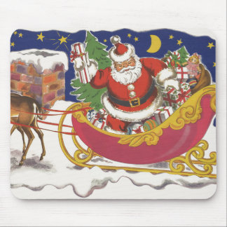 Vintage Christmas, Jolly Santa Claus with Sleigh Mouse Mat