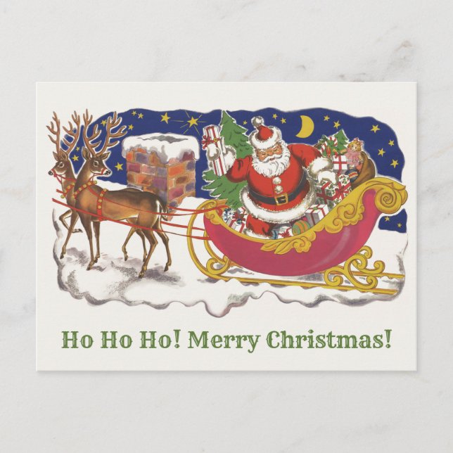 Vintage Christmas, Jolly Santa Claus with Sleigh Postcard (Front)