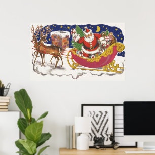 Vintage Christmas, Jolly Santa Claus with Sleigh Poster