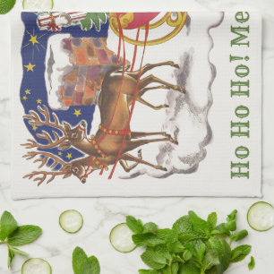 Vintage Christmas, Jolly Santa Claus with Sleigh Tea Towel