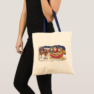 Vintage Christmas, Jolly Santa Claus with Sleigh Tote Bag