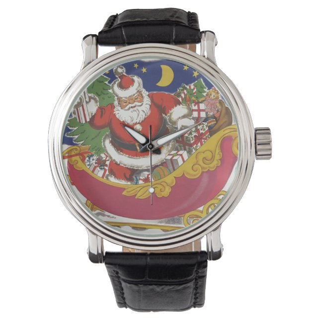 Vintage Christmas, Jolly Santa Claus with Sleigh Watch (Front)
