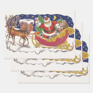 Vintage Christmas, Jolly Santa Claus with Sleigh Wrapping Paper Sheet