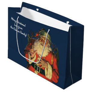 Vintage Christmas, Jolly Santa Claus with Toys Large Gift Bag