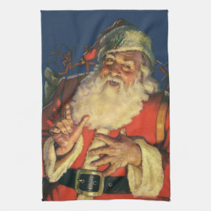 Vintage Christmas, Jolly Santa Claus with Toys Tea Towel