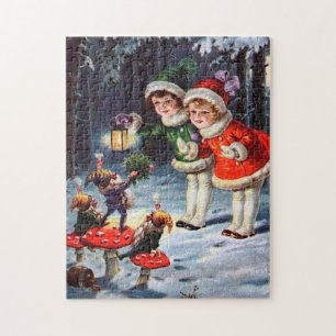 vintage Christmas kids festive Holiday jigsaw puzz Jigsaw Puzzle