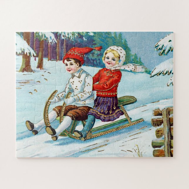 Vintage Christmas Kids Sled Alzheimer's Patient Jigsaw Puzzle (Horizontal)