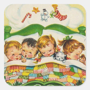 Vintage Christmas Kids Sleeping Square Sticker