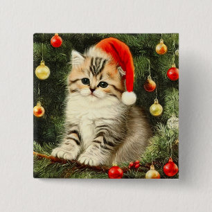 Vintage Christmas Kitten 15 Cm Square Badge