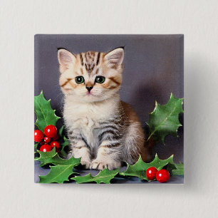 Vintage Christmas Kitten and Holly 15 Cm Square Badge