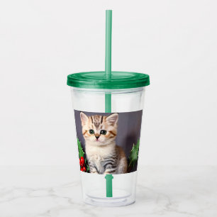 Vintage Christmas Kitten and Holly Acrylic Tumbler