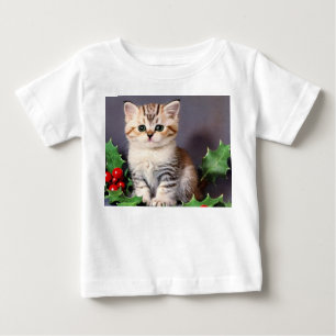 Vintage Christmas Kitten and Holly Baby T-Shirt