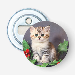Vintage Christmas Kitten and Holly Bottle Opener