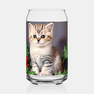 Vintage Christmas Kitten and Holly Can Glass