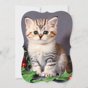 Vintage Christmas Kitten and Holly Card