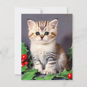 Vintage Christmas Kitten and Holly Card