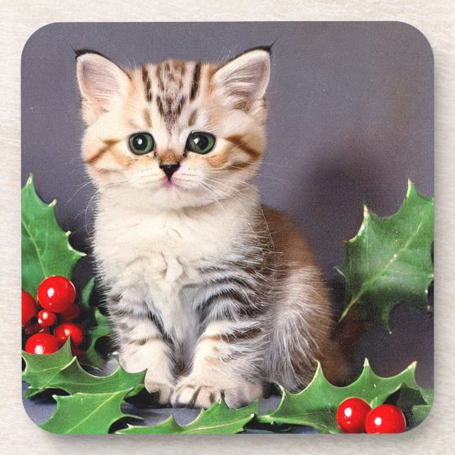 Vintage Christmas Kitten and Holly Coaster (Front)