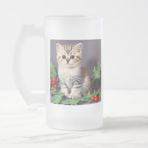 Vintage Christmas Kitten and Holly Frosted Glass Beer Mug