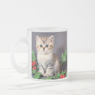 Vintage Christmas Kitten and Holly Frosted Glass Coffee Mug