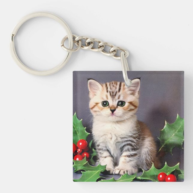 Vintage Christmas Kitten and Holly Key Ring (Front)