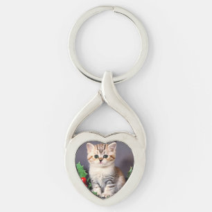 Vintage Christmas Kitten and Holly Key Ring