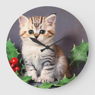 Vintage Christmas Kitten and Holly Large Clock