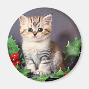 Vintage Christmas Kitten and Holly Magnet
