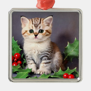 Vintage Christmas Kitten and Holly Metal Tree Decoration