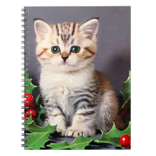 Vintage Christmas Kitten and Holly Notebook