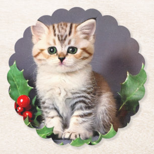 Vintage Christmas Kitten and Holly Paper Coaster