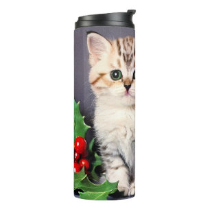 Vintage Christmas Kitten and Holly Thermal Tumbler
