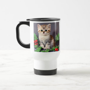 Vintage Christmas Kitten and Holly Travel Mug