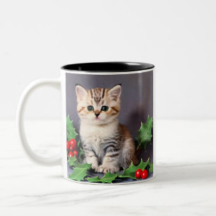 Vintage Christmas Kitten and Holly Two-Tone Coffee Mug