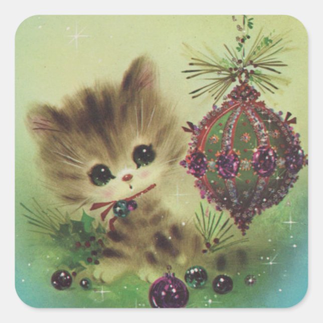 Vintage Christmas Kitten By ornament Square Sticker (Front)