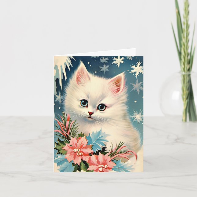 Vintage Christmas Kitten Card | Adorable Retro (Front)