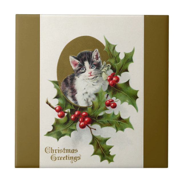 Vintage Christmas Kitten Gold Ceramic Tile (Front)