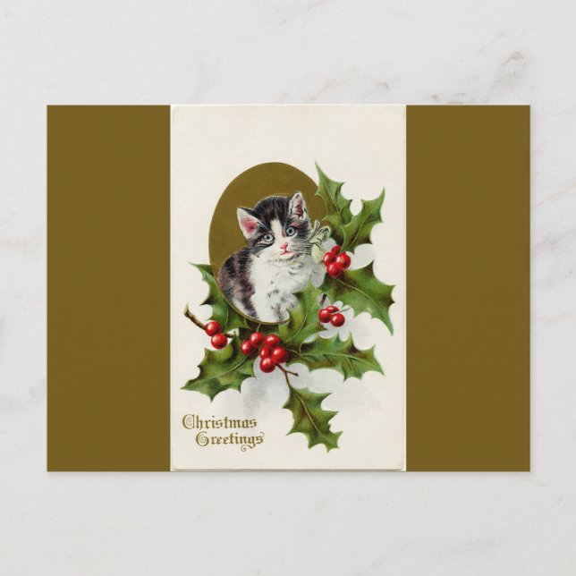 Vintage Christmas Kitten Gold Postcard (Front)