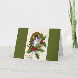 Vintage Christmas Kitten Green Greeting Card