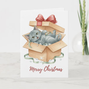 Vintage Christmas Kitten in Gift Box Card