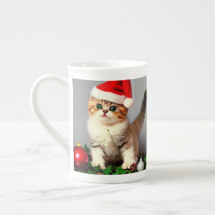 Vintage Christmas Kitten in Santa Hat Bone China Mug