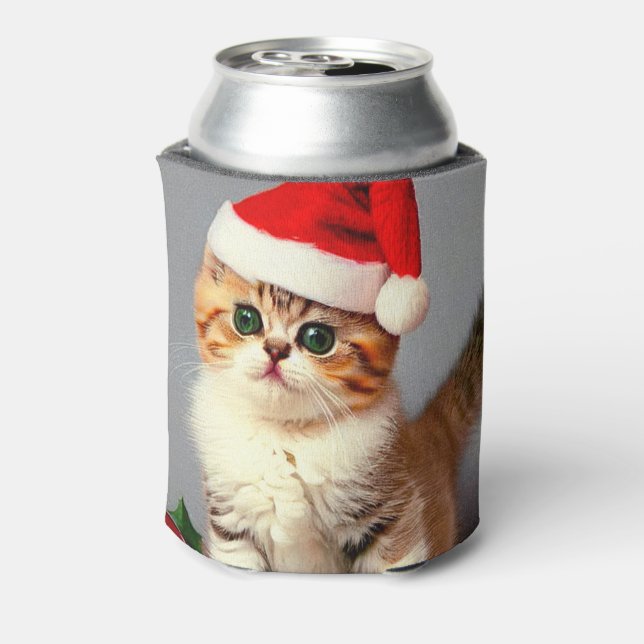 Vintage Christmas Kitten in Santa Hat Can Cooler (Can Back)